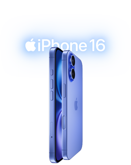 Two iPhone 16 devices, side exterior, stacked facing each other in Ultramarine finishes, volume buttons, Action button, Side button, Camera Control button, Apple logo in center, raised Advanced dual-camera system